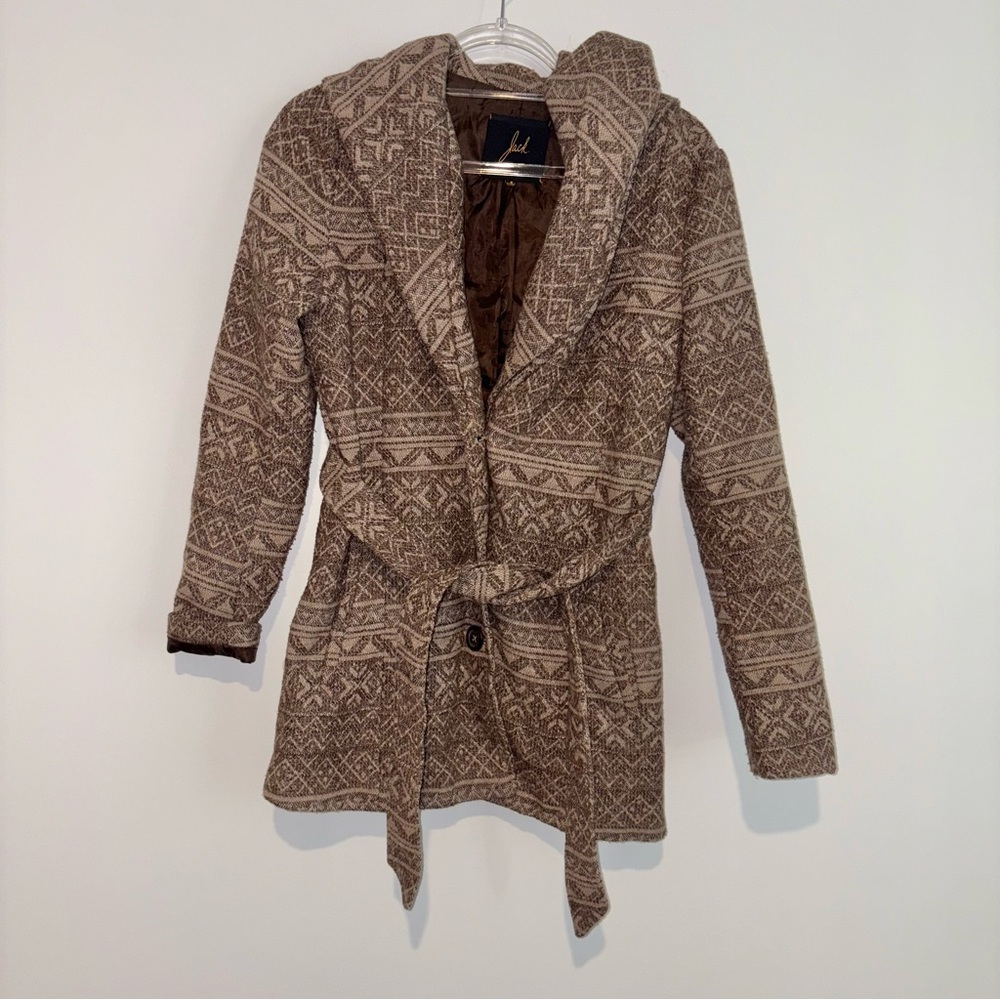 Jack by BB Dakota Southwestern Aztec wool print belted jacket tan‎ brown small